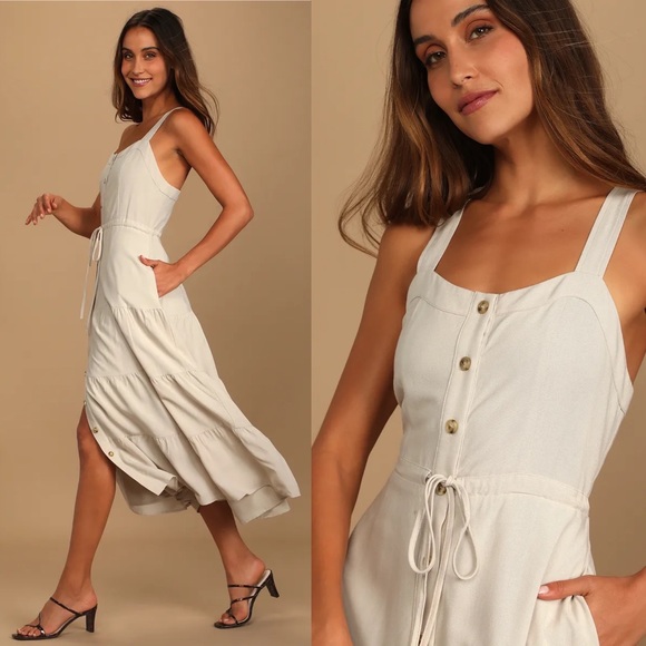 Beige Button-Front Tiered Criss-Cross Midi Dress 🌿 - Picture 6 of 10